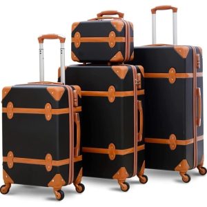 Retro Vintage Trunk-Style Spinner Luggage Set – Black & Tan